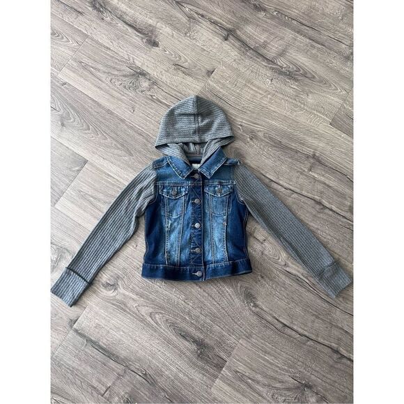 MUDD Girls Size 10 Blue Gray Denim Jean Jacket Coat Button Up w/ Hood - Picture 1 of 4